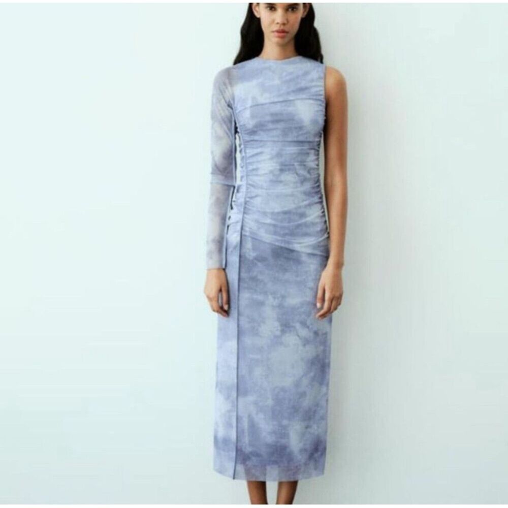 ZARA One Sleeve Asymmetrical Tulle Mesh Lined Midi Dress Blue Size Small